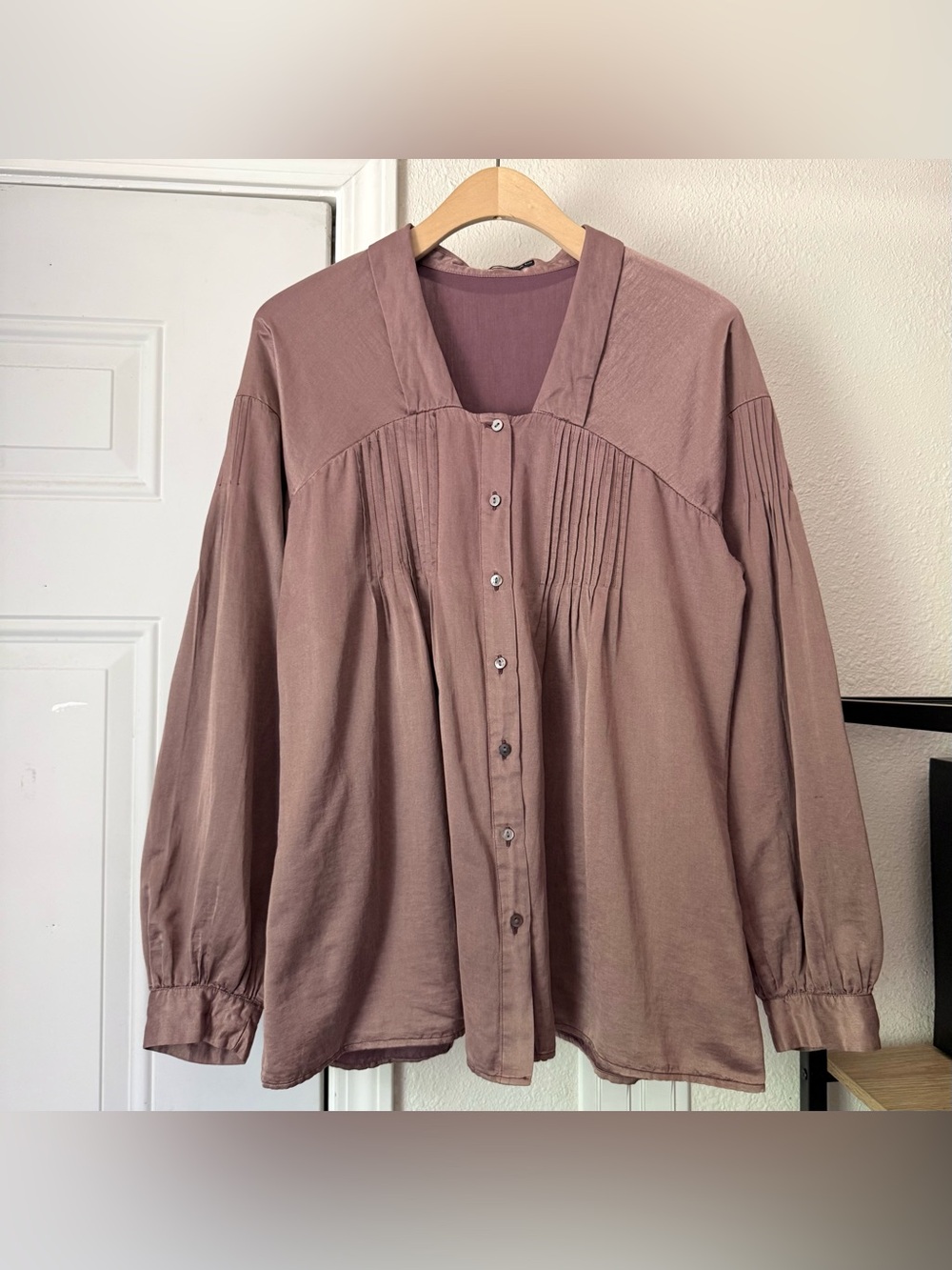 ARMAND BASI mauve silk cotton pleated pin tuck puff long sleeve blouse shirt top
